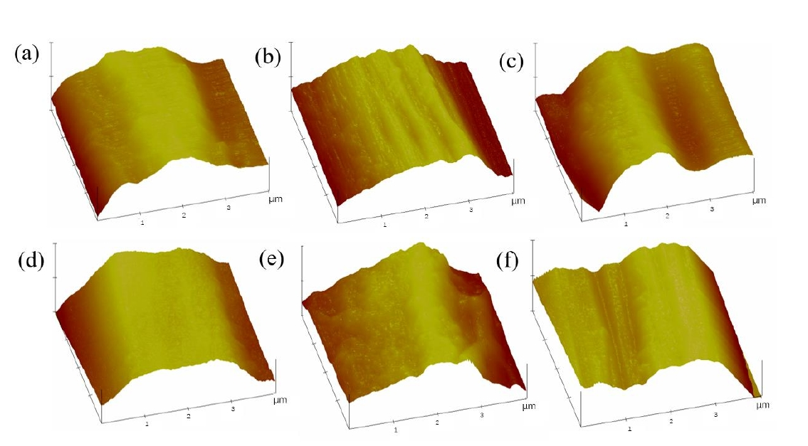 圖5 不同處理時(shí)間下的AFM圖像 (a) 5min (b) 10min (c) 15min (d) 20 min (e) 25 min (f) 30min  